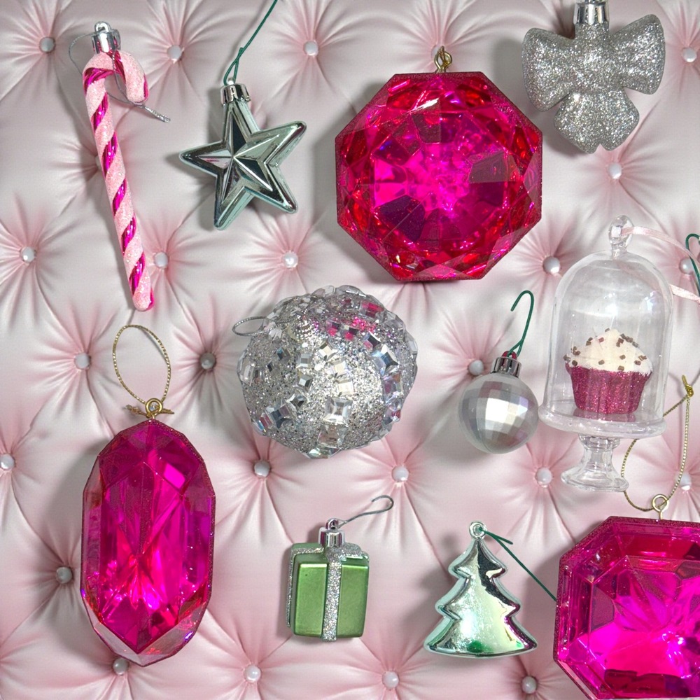 Retro‎ Cute Pink Green Christmas Ornaments Set Glitter Gem Rhinestone Luxe Girly